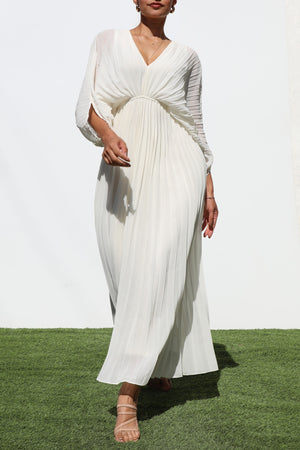 DD6163, PLEATED V NECK LOOSE FIT MIDI DRESS