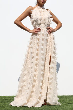 DD7145, HALTER NECK WOVEN MAXI DRESS