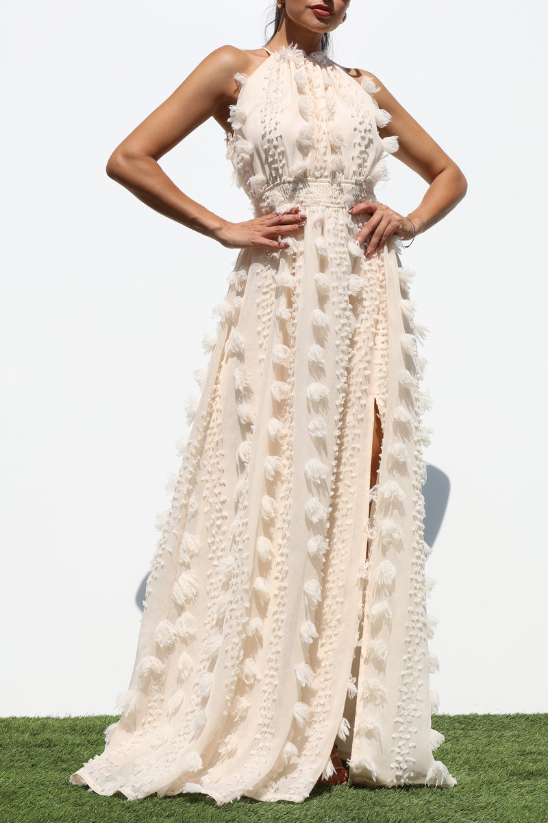 DD7145, HALTER NECK WOVEN MAXI DRESS