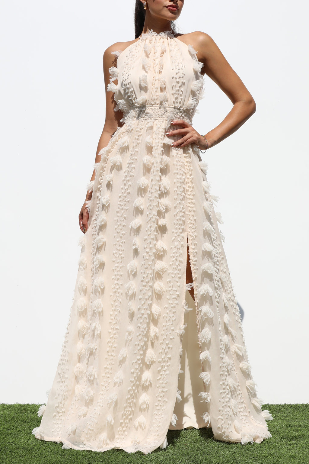 DD7145, HALTER NECK WOVEN MAXI DRESS