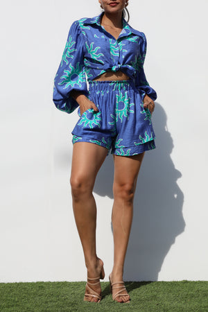 DD7268, PRINTED BUTTON DOWN WOVEN TOP AND SHORTS SET