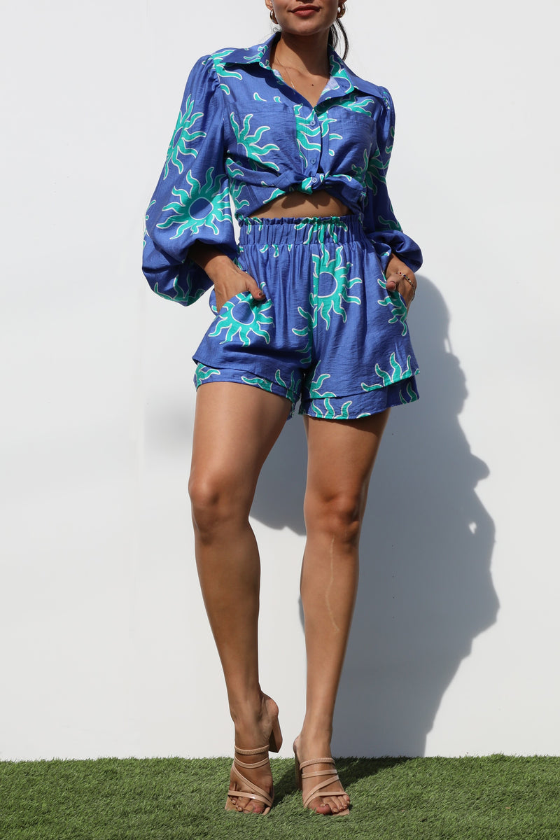 DD7268, PRINTED BUTTON DOWN WOVEN TOP AND SHORTS SET