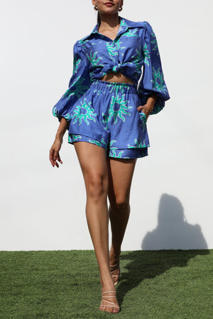 DD7268, PRINTED BUTTON DOWN WOVEN TOP AND SHORTS SET