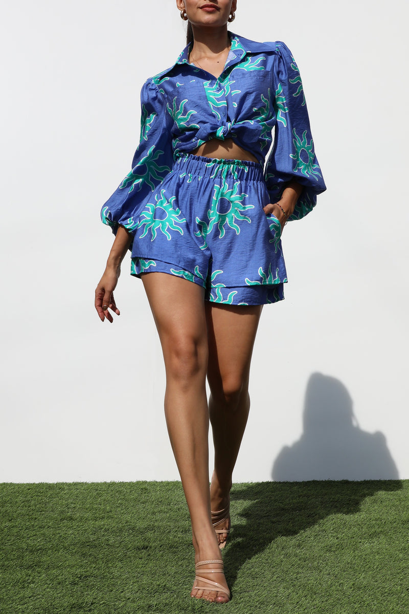 DD7268, PRINTED BUTTON DOWN WOVEN TOP AND SHORTS SET