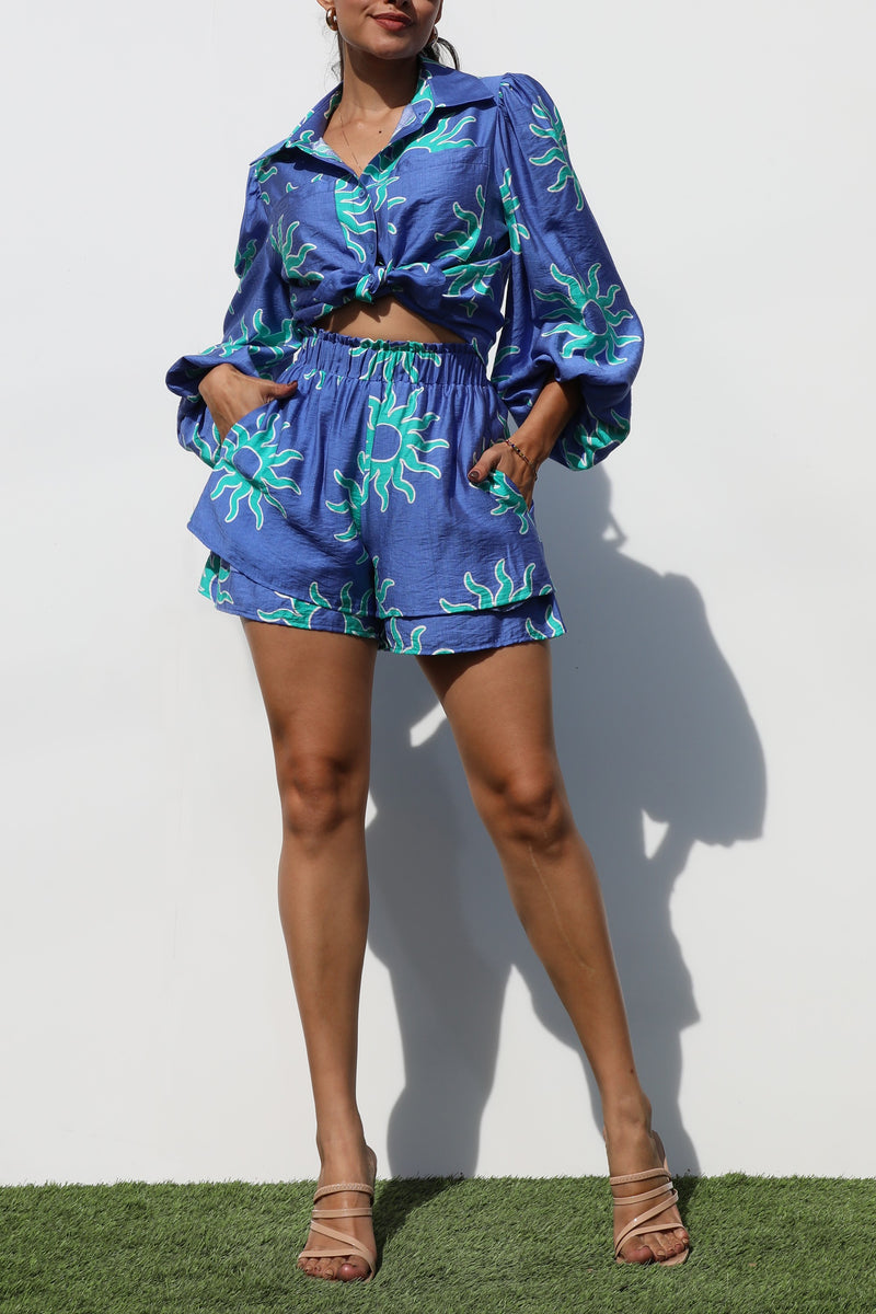 DD7268, PRINTED BUTTON DOWN WOVEN TOP AND SHORTS SET