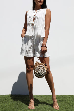 DD7218, RIBBON TIE WOVEN TOP AND SHORT PANTS SET