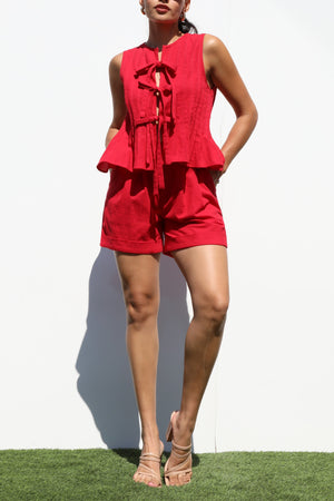 DD7218, RIBBON TIE WOVEN TOP AND SHORT PANTS SET