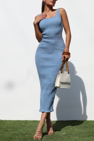 DD7229, SMOCKED BODYCON MIDI DRESS