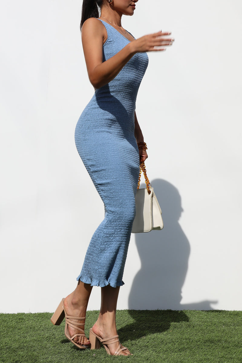 DD7229, SMOCKED BODYCON MIDI DRESS