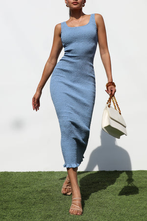 DD7229, SMOCKED BODYCON MIDI DRESS