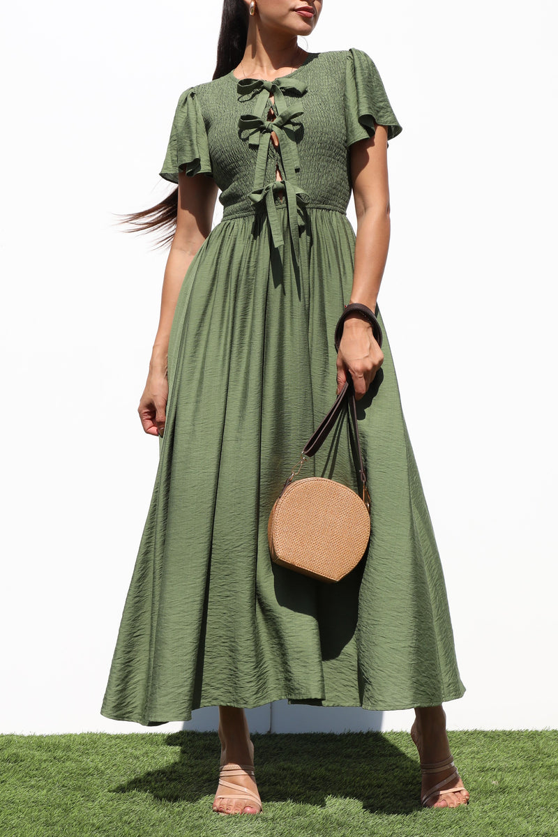 DD7246, SMOCKED TOP WOVEN MIDI DRESSES