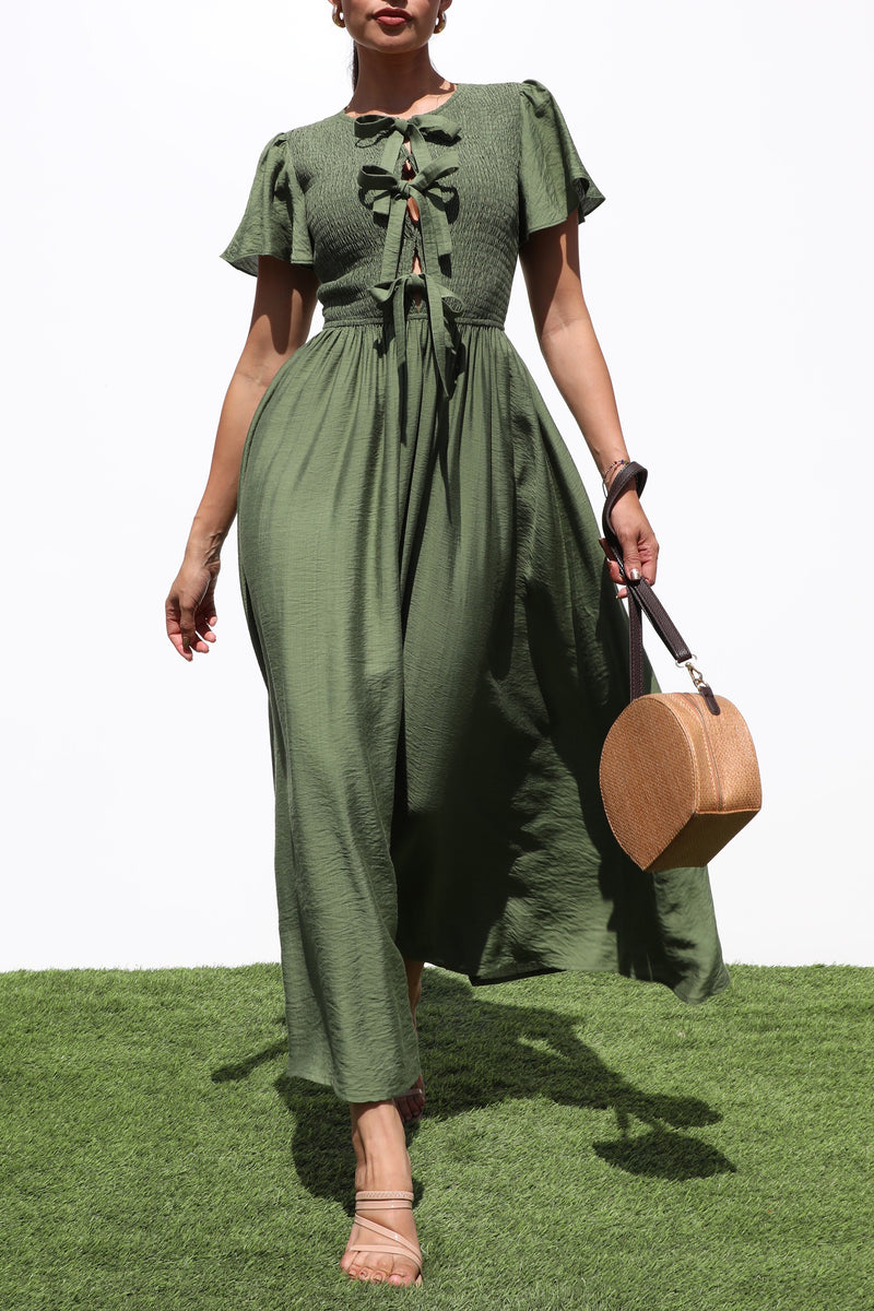 DD7246, SMOCKED TOP WOVEN MIDI DRESSES