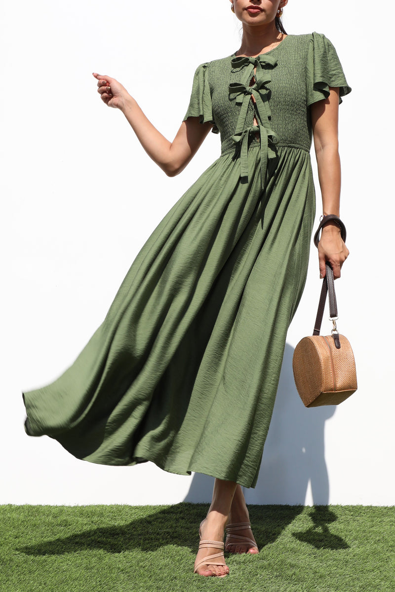 DD7246, SMOCKED TOP WOVEN MIDI DRESSES