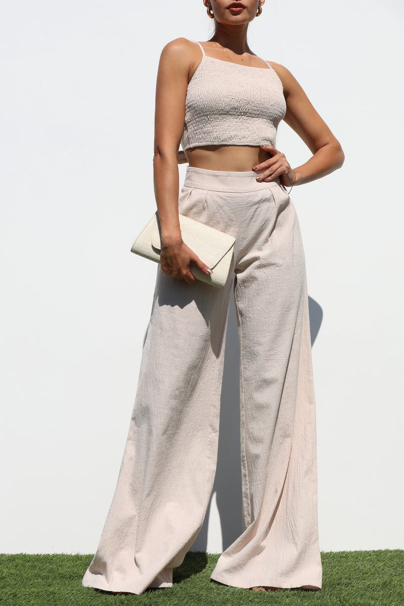 DD7134, SMOCKED WOVEN TOP AND PANTS SET