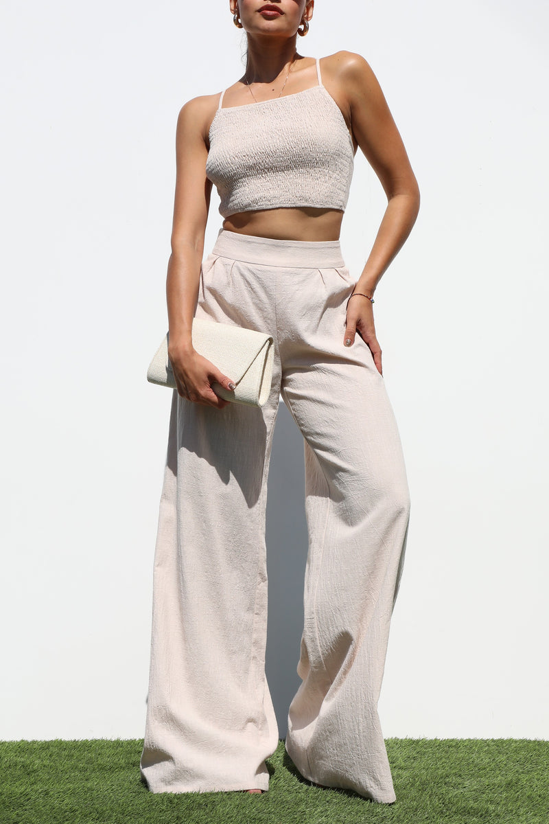 DD7134, SMOCKED WOVEN TOP AND PANTS SET
