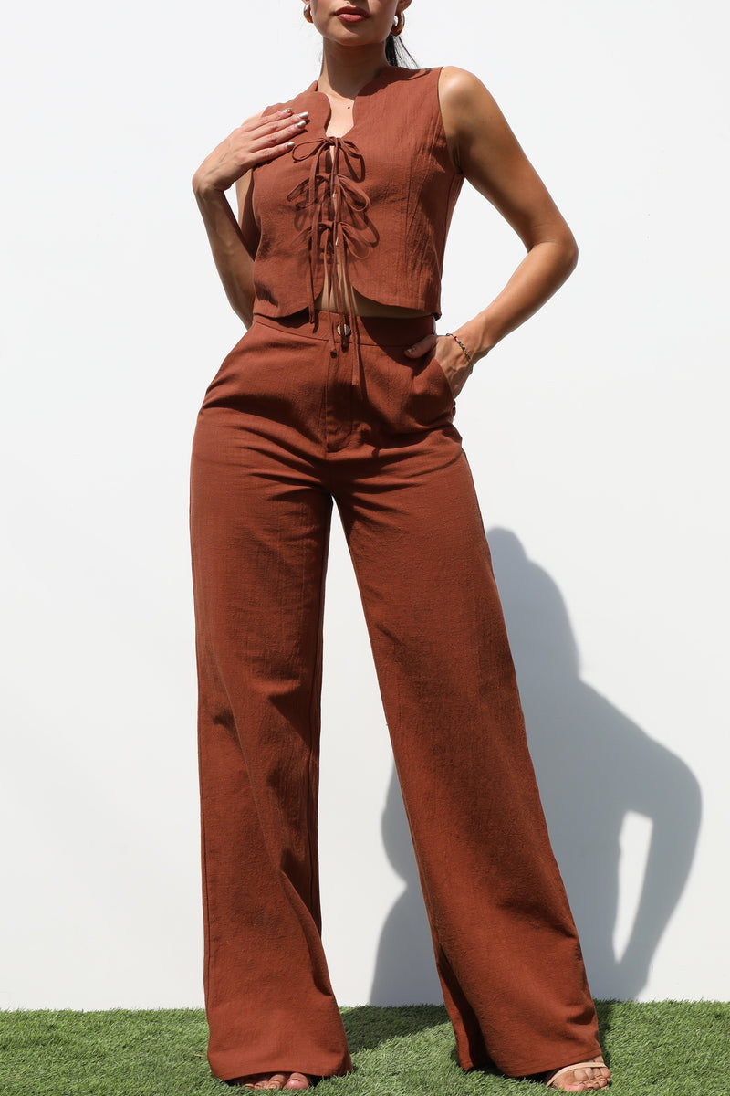 DD7227, VEST WOVEN TOP AND PANTS SET