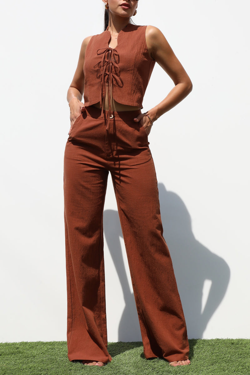 DD7227, VEST WOVEN TOP AND PANTS SET