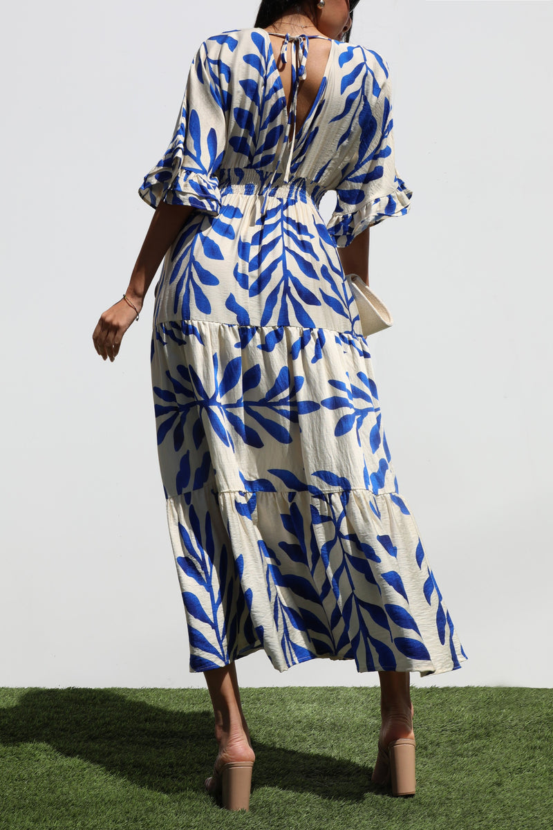 DD7019, PRINTED V NECK WOVEN MIDI DRESS