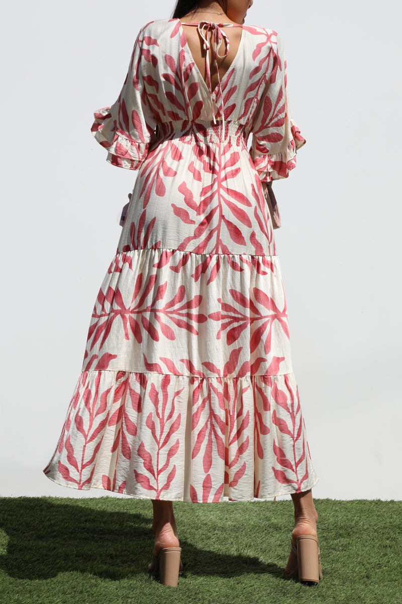 DD7019, PRINTED V NECK WOVEN MIDI DRESS