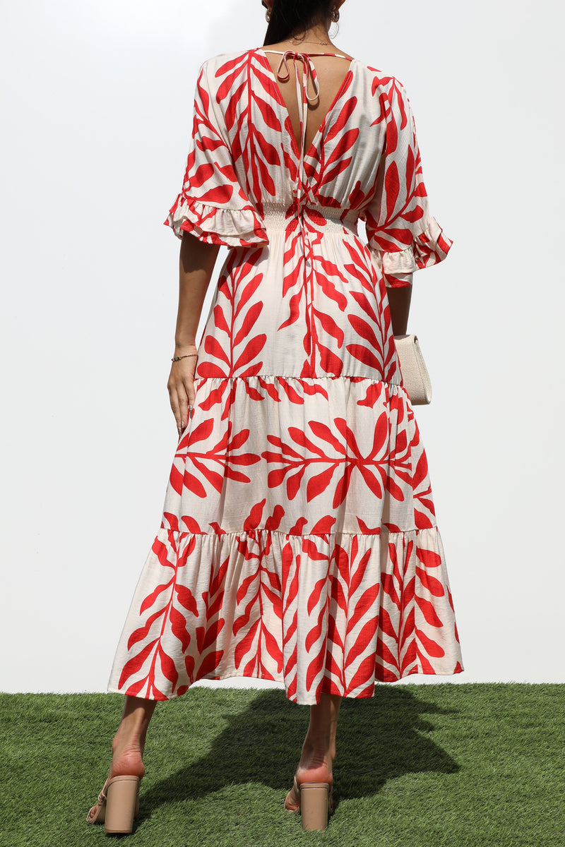 DD7019, PRINTED V NECK WOVEN MIDI DRESS