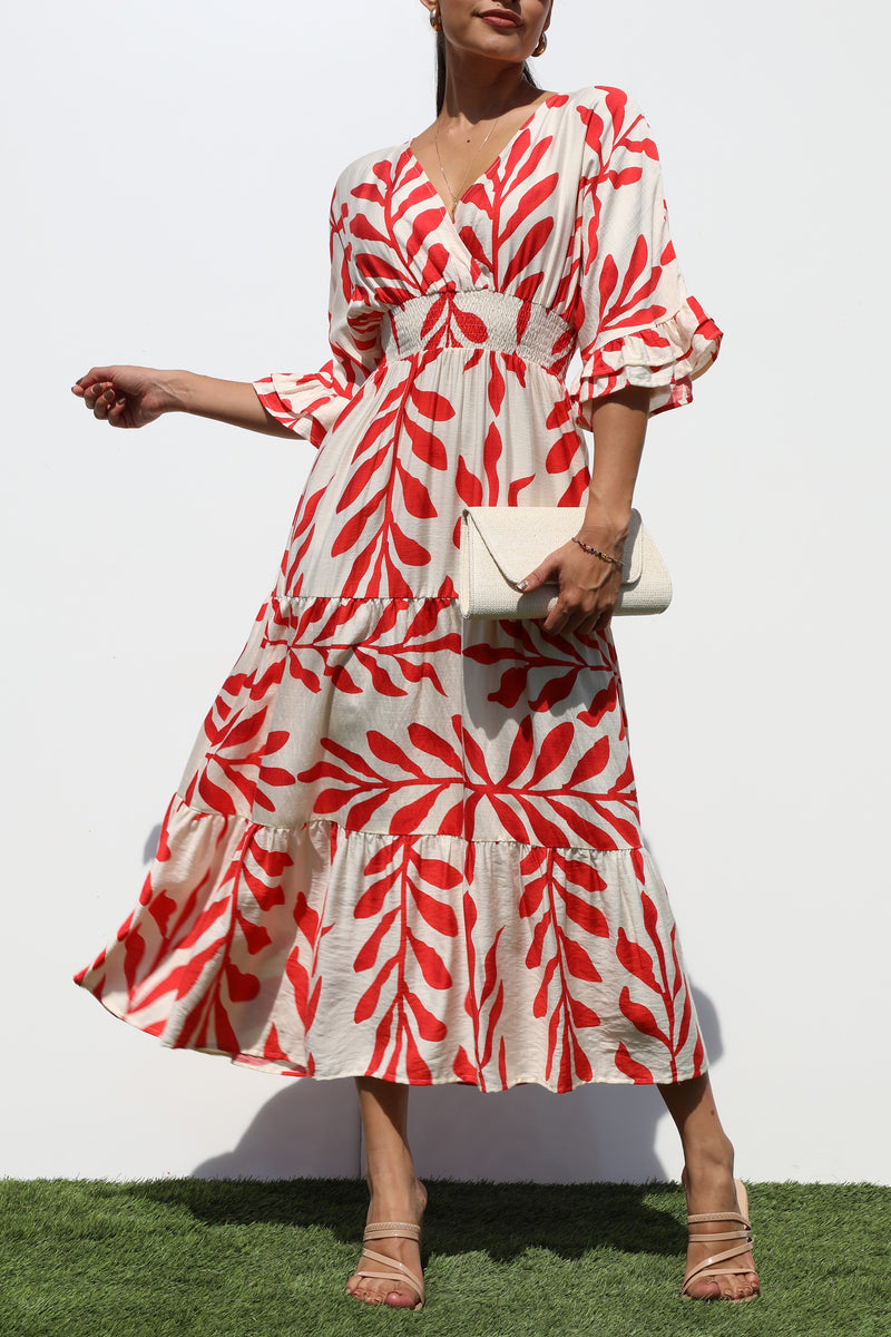 DD7019, PRINTED V NECK WOVEN MIDI DRESS
