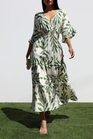 DD7019, PRINTED V NECK WOVEN MIDI DRESS