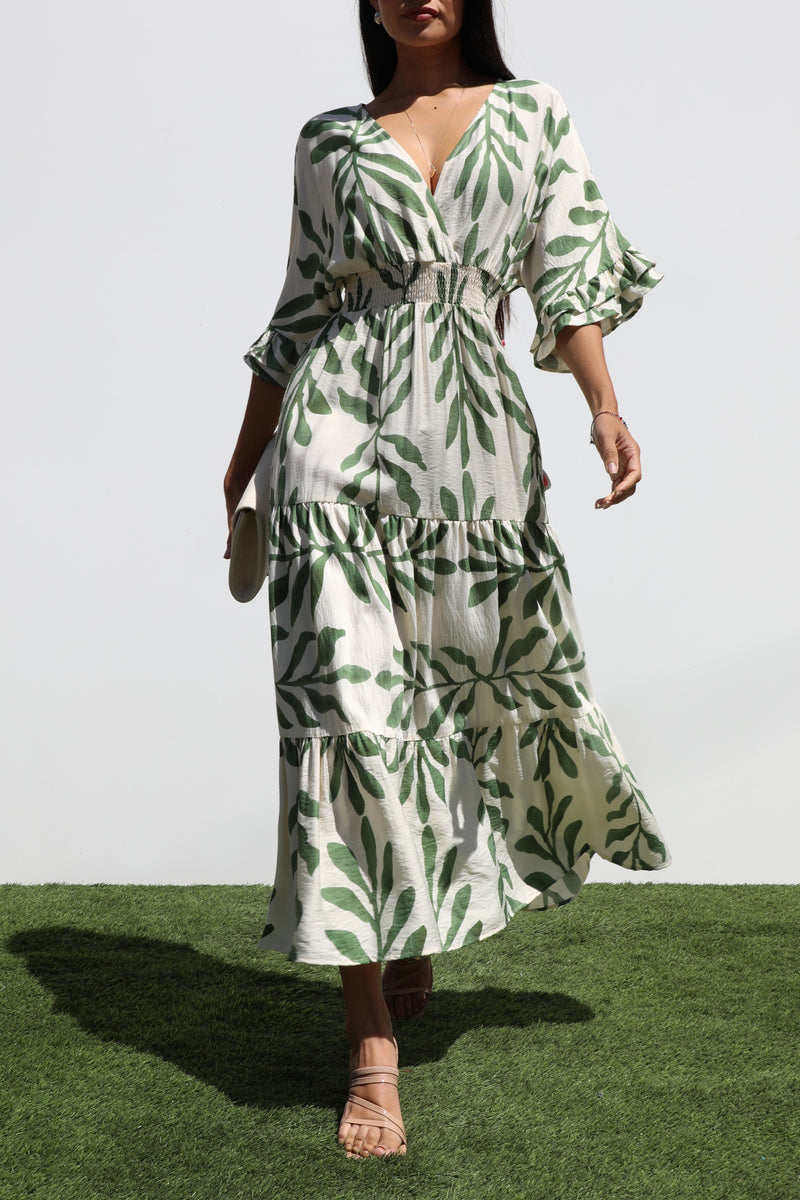 DD7019, PRINTED V NECK WOVEN MIDI DRESS