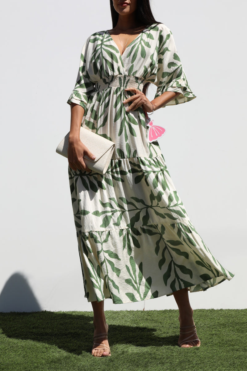 DD7019, PRINTED V NECK WOVEN MIDI DRESS