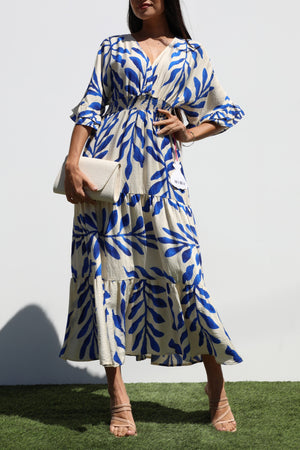 DD7019, PRINTED V NECK WOVEN MIDI DRESS