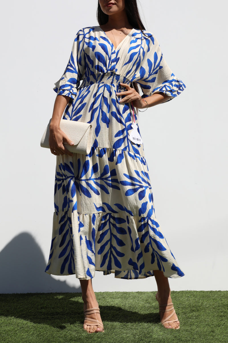 DD7019, PRINTED V NECK WOVEN MIDI DRESS