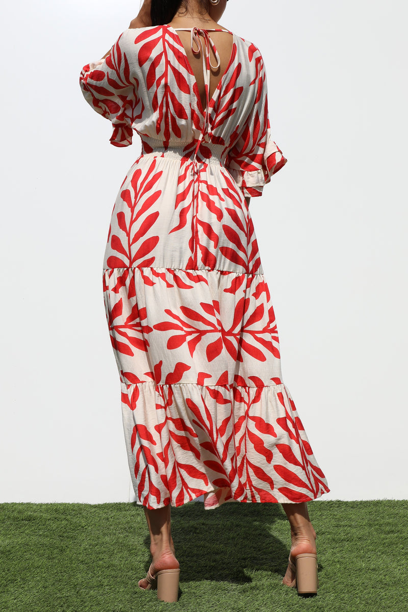 DD7019, PRINTED V NECK WOVEN MIDI DRESS