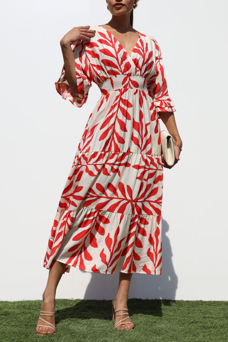 DD7019, PRINTED V NECK WOVEN MIDI DRESS