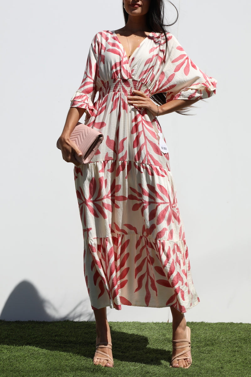 DD7019, PRINTED V NECK WOVEN MIDI DRESS
