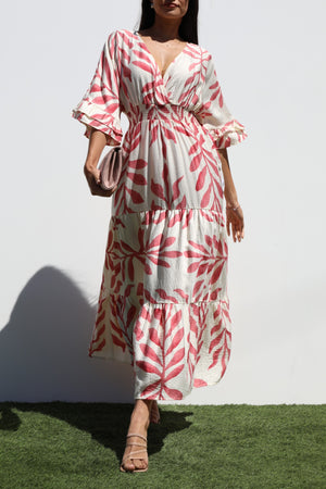 DD7019, PRINTED V NECK WOVEN MIDI DRESS