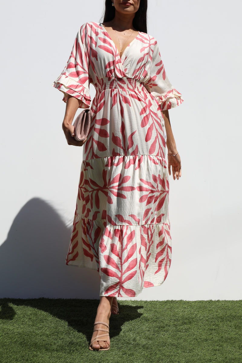 DD7019, PRINTED V NECK WOVEN MIDI DRESS