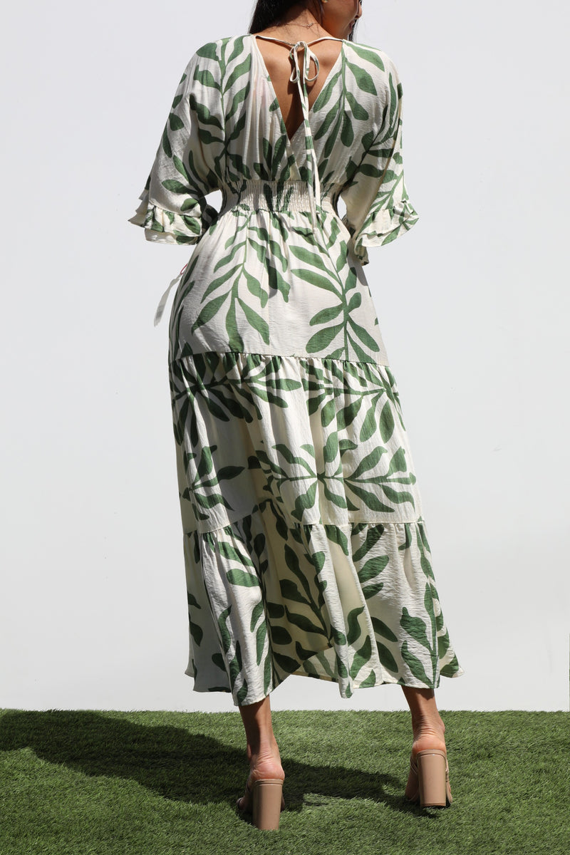 DD7019, PRINTED V NECK WOVEN MIDI DRESS