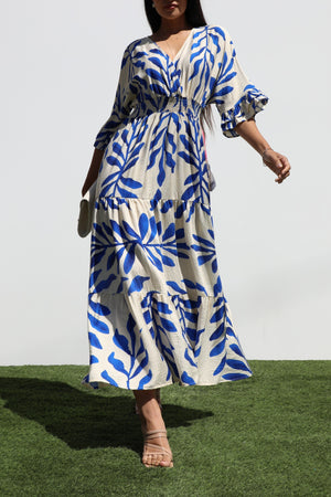 DD7019, PRINTED V NECK WOVEN MIDI DRESS