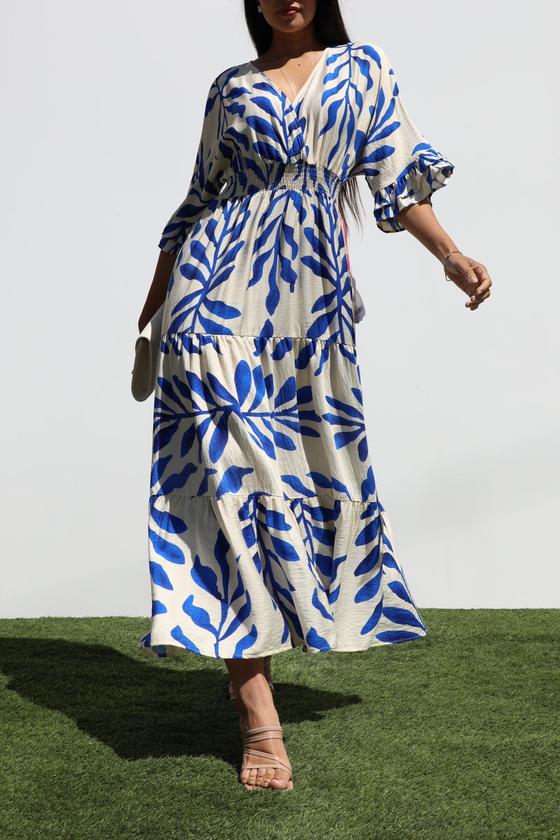 DD7019, PRINTED V NECK WOVEN MIDI DRESS