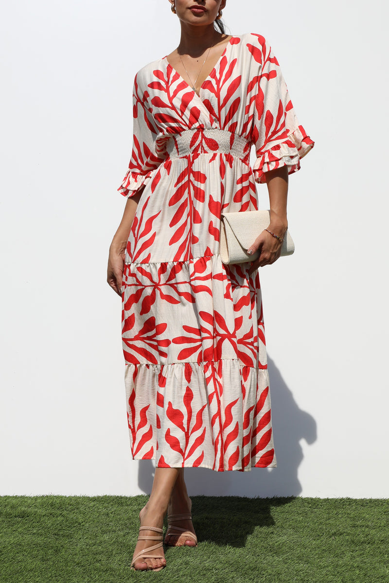 DD7019, PRINTED V NECK WOVEN MIDI DRESS