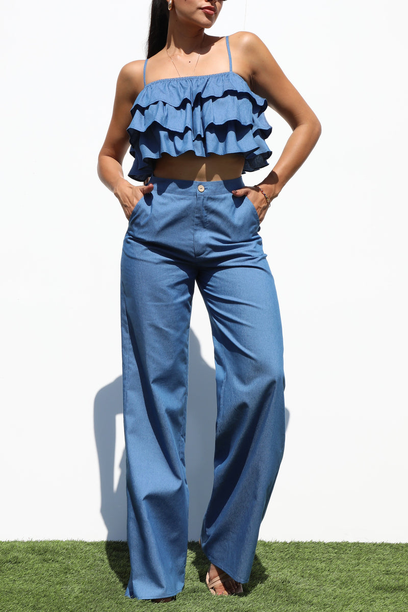 DD7262, RUFFLED WOVEN TOP & PANTS