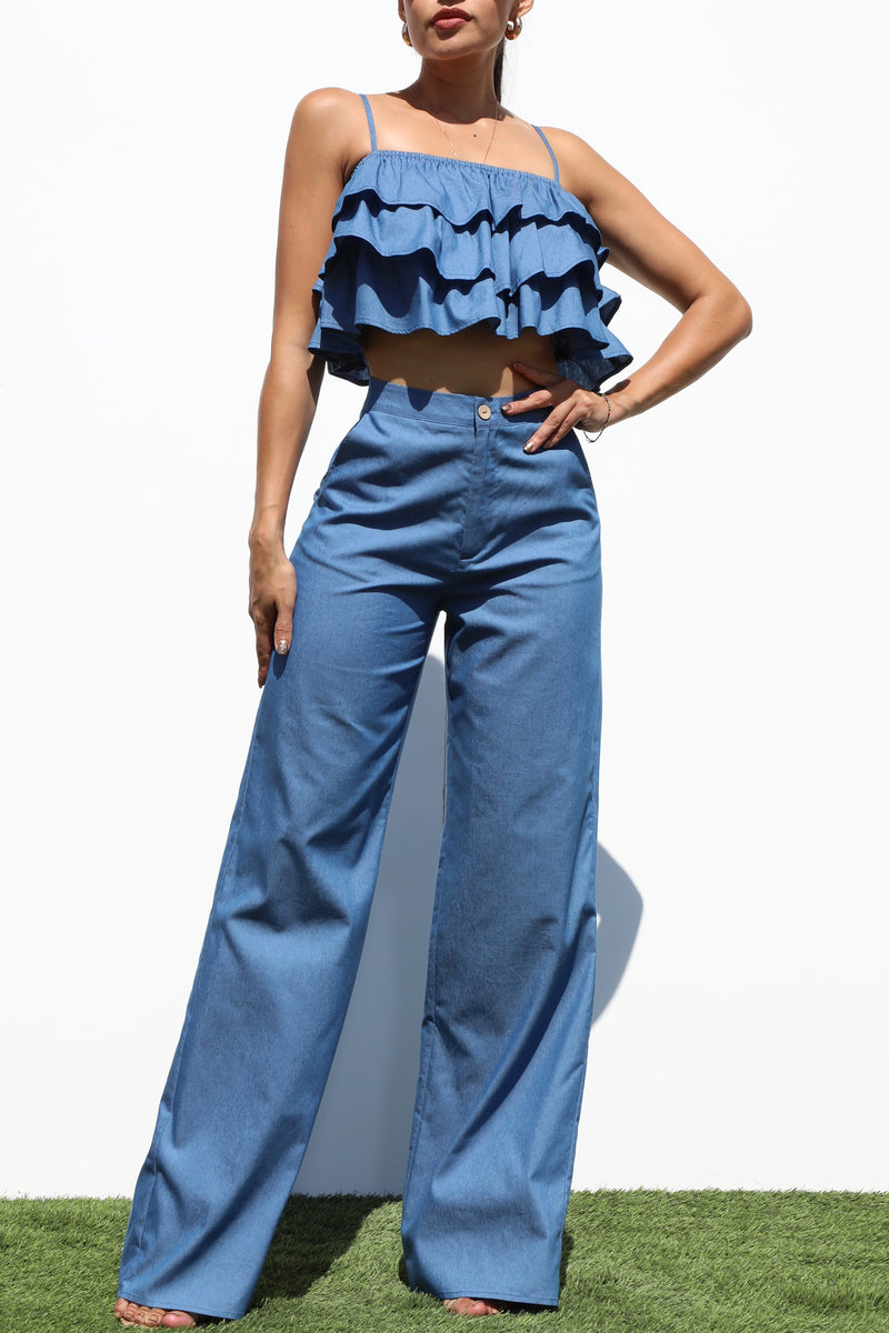 DD7262, RUFFLED WOVEN TOP & PANTS