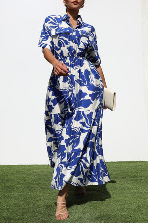 DD7243, PRINTED BUTTON DOWN WOVEN MIDI DRESS