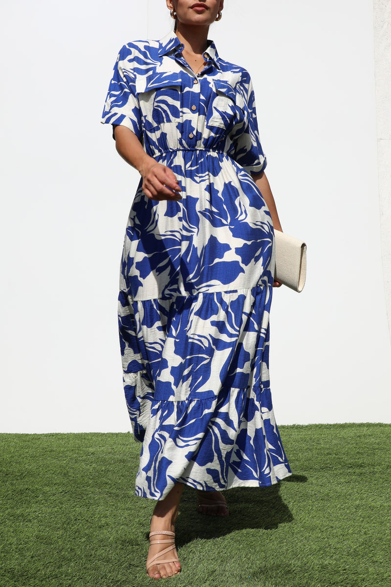 DD7243, PRINTED BUTTON DOWN WOVEN MIDI DRESS