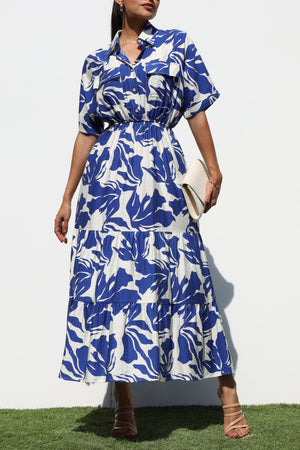DD7243, PRINTED BUTTON DOWN WOVEN MIDI DRESS
