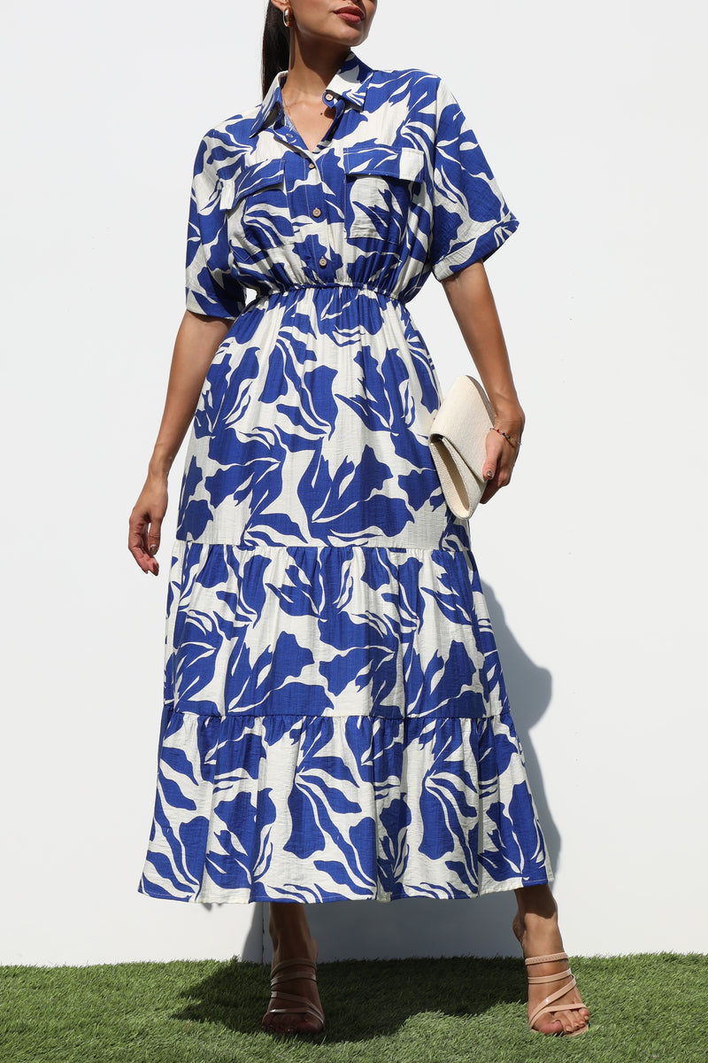 DD7243, PRINTED BUTTON DOWN WOVEN MIDI DRESS