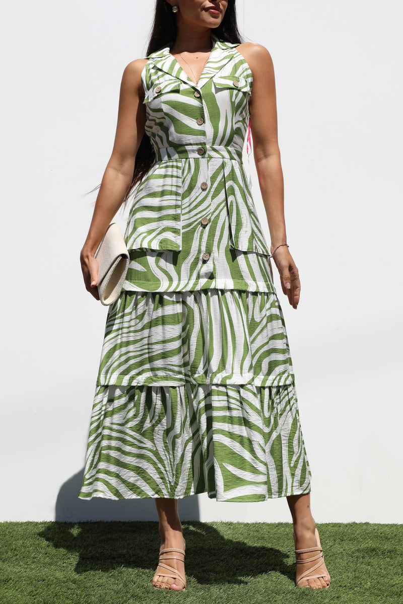 DD7272, PRINTED BUTTON DOWN MIDI DRESSES