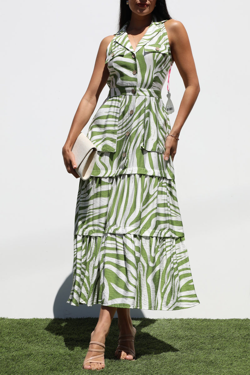 DD7272, PRINTED BUTTON DOWN MIDI DRESSES