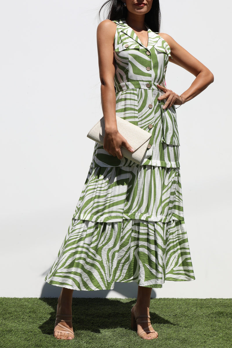 DD7272, PRINTED BUTTON DOWN MIDI DRESSES