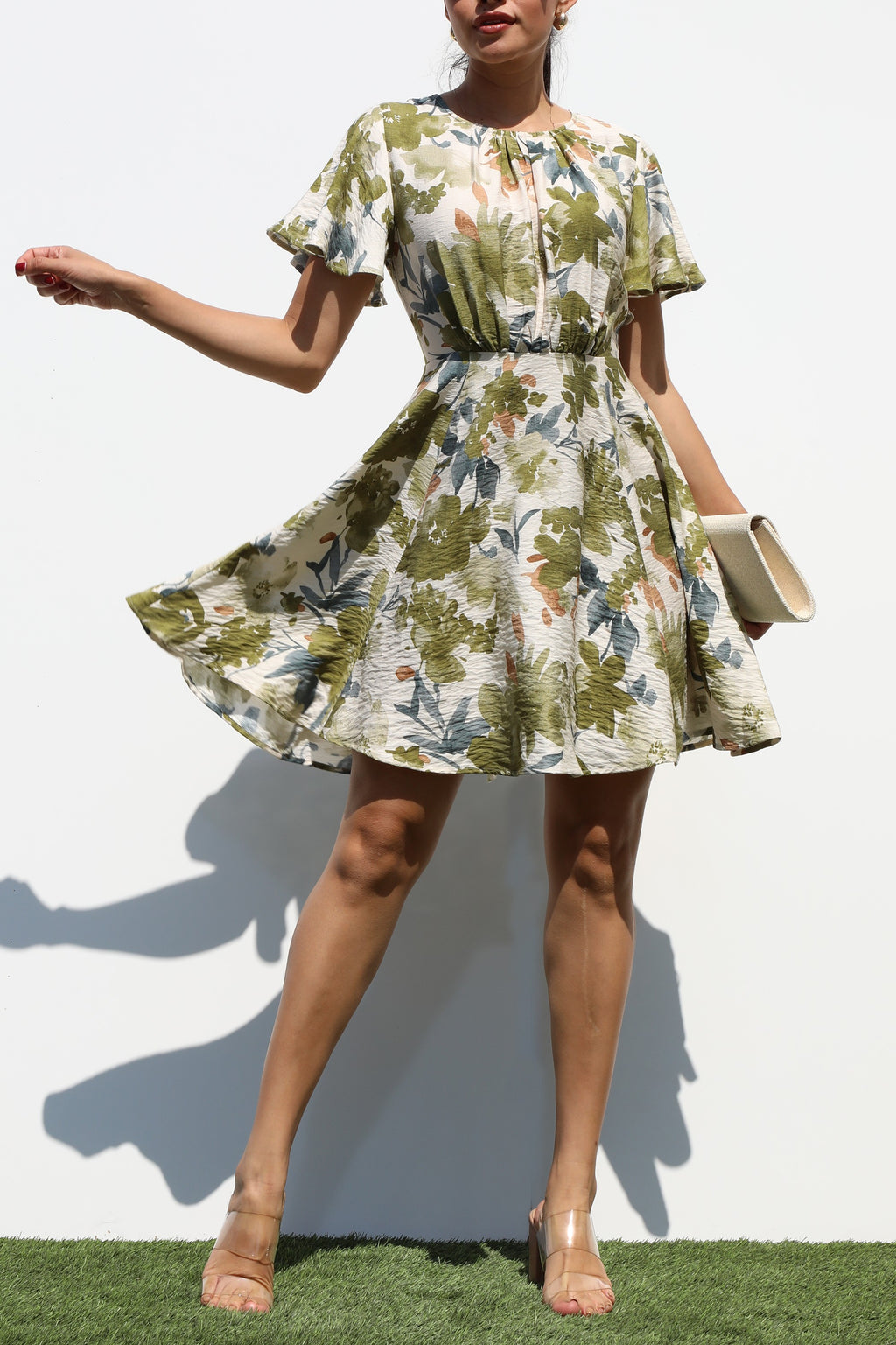 DD7018, PRINTED ROUND NECK WOVEN MINI DRESS
