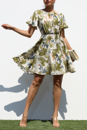 DD7018, PRINTED ROUND NECK WOVEN MINI DRESS